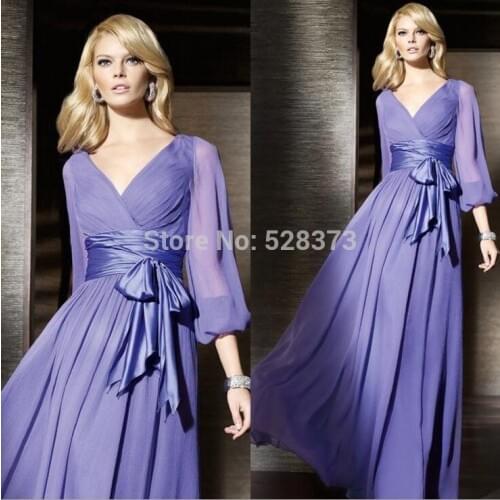 YNQNFS BD9 Chiffon V Neck Light Purple Long Sleeve Bridesmaid Dresses