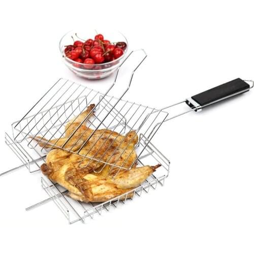 Grilling Basket Folding Non-stick Barbecue Tool Stainless Steel Vegetable Shelf Wooden Handle Roast Chicken Meat BBQ Tool 1pcs