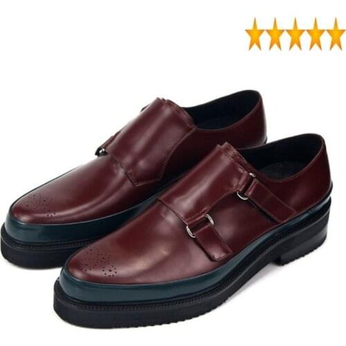 Thick Mens Top Platform Quality Genuine Leather Pointed Toe Business Man Footwear Buckle Casual Wing Tip Office Work Shoes