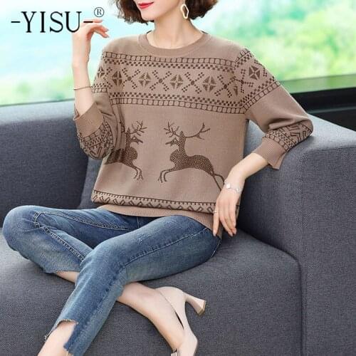 YISU Summer New Loose Sweater O-Neck Middle sleeve Fashion printing Jumper Female Thin Casual Knitted Pullover Woman clothing