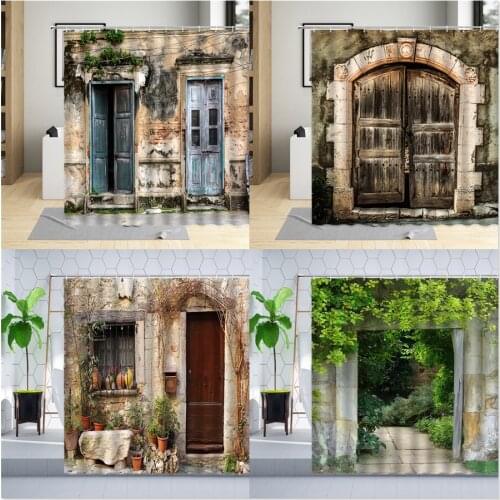 Vintage Old Wooden Door Shower Curtain Stone Wall Plant Green Leaf Home Decoration Bathroom Hanging Curtains Sets Polyester Hook