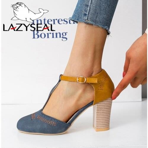 LazySeal New Pumps Women Shoes Summer Square Heel Wedge Round Toe Buckle Strap Gladiator Sandals For Ladies Sandalias Mujer