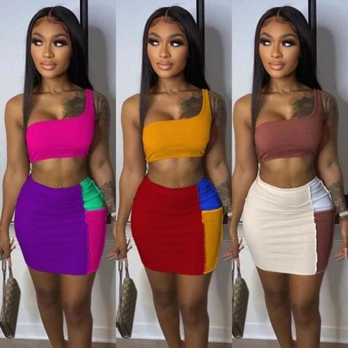 2021 Colorful Patchwork Two Piece Set Dress Woman One Shoulder Crop Tank Top And Bodycon Mini Skirt Clubwear Matching Sets