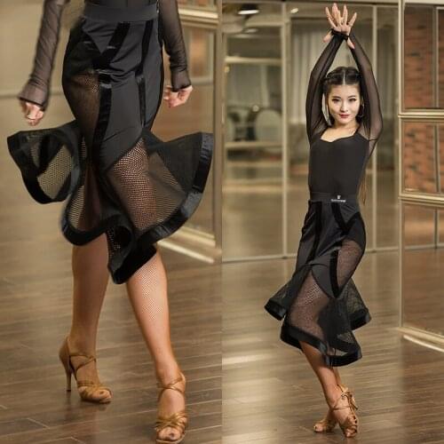 New Latin Dance Costume Adult Women Black Tops Latin Skirt Sexy Performance Set Samba Dance Clothes Mesh Fishbone Skirts VDB3242