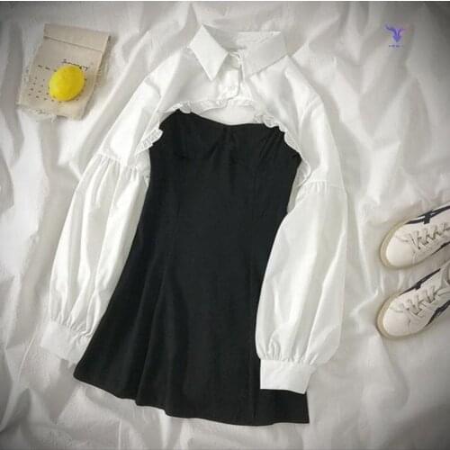 2021 fashionFrench Style Elegant Suit Sexy Strapless Camis Slim Fit A-line Women Dress + Lantern Sleeve Short Shirts 2 Piece Set