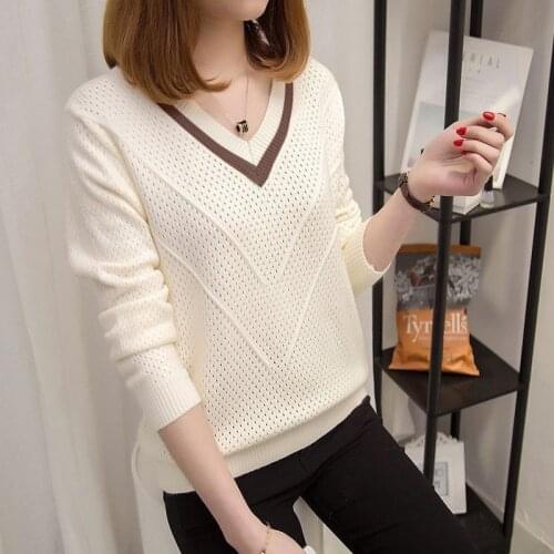 Autumn Spring Style Women Knitted Pullover Tops Lady Casual Long Sleeve V-Neck Sweater Pullover ZZ1108