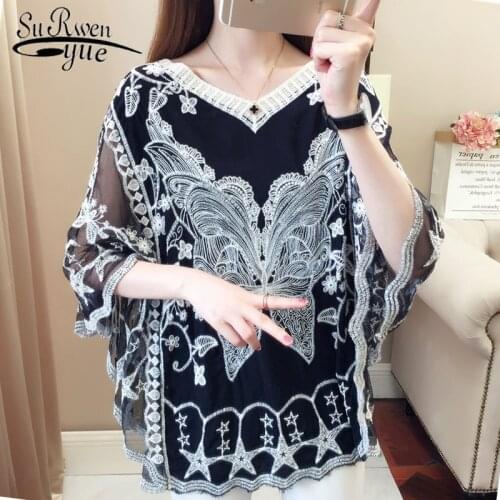 2021 Fashion Women Shirts Lace Casual Women Clothing V-neck Three Quarter Sleeve Batwing Sleeve Womens Tops and Blouses 5463 50