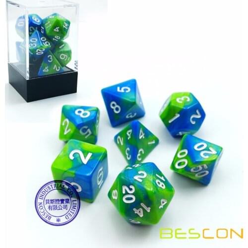 Bescon Gemini Polyhedral Dice Set Aquamarine, Two-tone RPG Dice Set of 7 d4 d6 d8 d10 d12 d20 d% Brick Box Pack