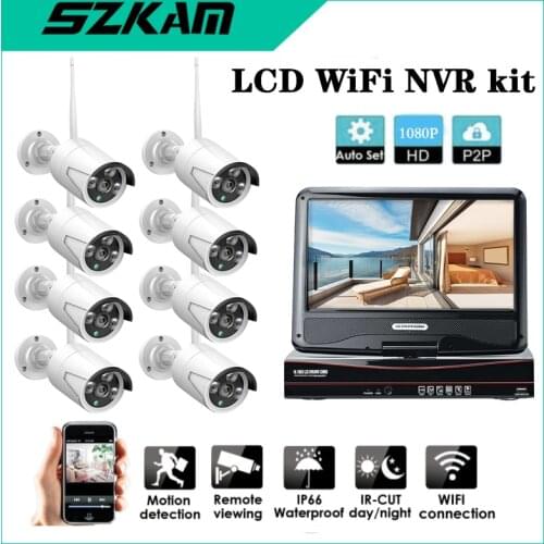 10'' LCD Wireless Nvr wifi Kit 8CH 2MP Network Surveillance Camera Monitor Recorder 1080P HD Video Audio Security CCTV System