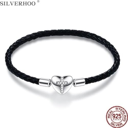 SILVERHOO S925 Sterling Silver Bracelet Bangle For Women Black Leather Cord Bangles Cross Heart Pendant Hot Selling Fine Jewelry