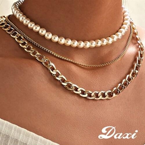 DAXI Gold Pearl Chains Necklace Layered Necklaces For Women Bohemian Chain Necklace Set Jewelry Aesthetic Thick Necklace