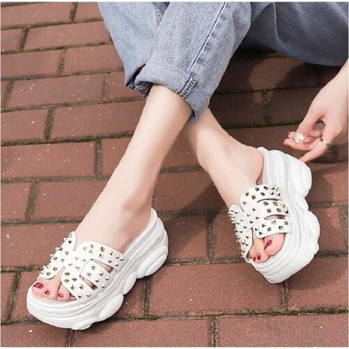 Elegant High-Heeled Ladies Slippers Sexy Rivet Open Toe Solid Color Casual Shoes Outer Wear Summer Fashion New Style