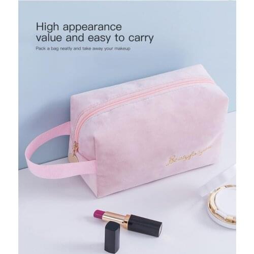 1pc Flannel Cosmetic Storage Bag Portable Nordic Style Solid Color With Handbag Clutch Large Capacity Lipstick Bag Brush Storage