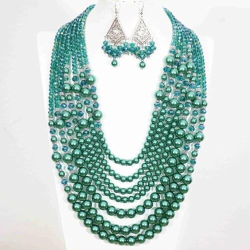 Classical Malachite Green Round Shell Simulated-pearl Abacus Crystal 7 Rows Necklace Earrings Women Ceremony Jewelry Set B1303