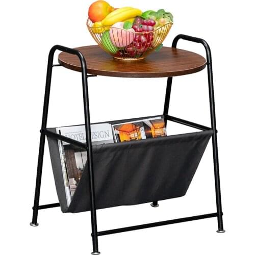 Wrought Iron Side/Edge Coffee Table Round Wood Color Two-Layer Trapezoidal Belt Oxford PVC Waterproof Cloth Book Bag[US-Stock]