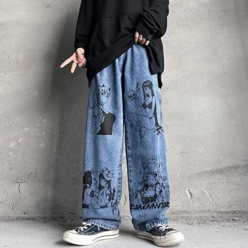 Summer Pop Style Wide Leg Pants Street Retro Cartoon Jeans Y2k Aesthetic Print Denim Trousers Hole Female Plus Size Women Jeans