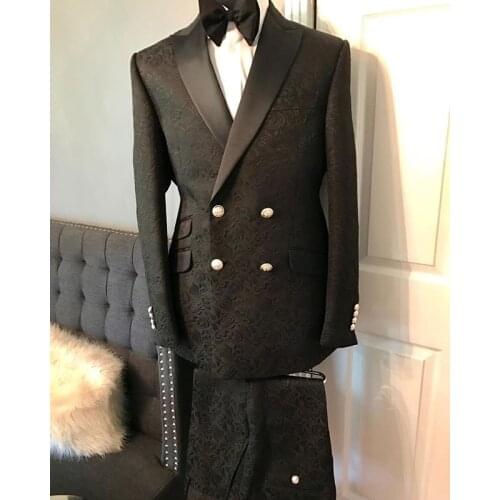 New Style Groomsmen Black Pattern Groom Tuxedos Peak Satin Lapel Men Suits 2 Pieces Wedding Best Man ( Jacket+Pants+Tie ) C781