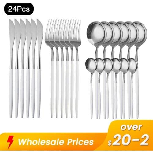 White Silver Stainless Steel Dinnerware Set 24PCS Flatware Suit Knives Forks Spoons Cutlery Set Kitchen Household Tableware