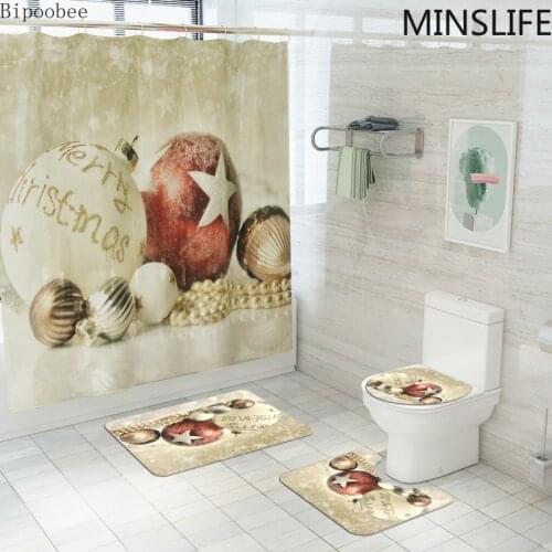 White Christmas Bells Printed Bathroom Sets with Shower Curtains and Rugs Mat Lid Toilet Seat Cover Bath Sets Holiday Decoration