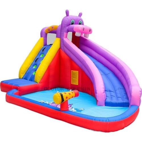 Inflatable Bouncer Castle with Water Slide Park Hippo Bounce House for Kids Outdoor Garden Party Game