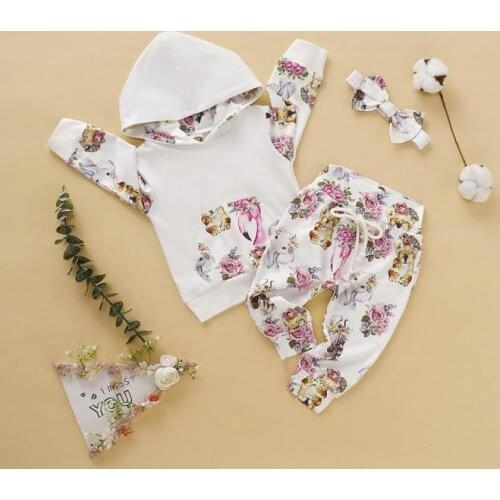 Boys Clothes Toddler Girl Clothes Print Flower Animal Autumn Long Sleeve Top Print hoodies+Pant 3 Pcs Outfit Fashion Wear 3-18M