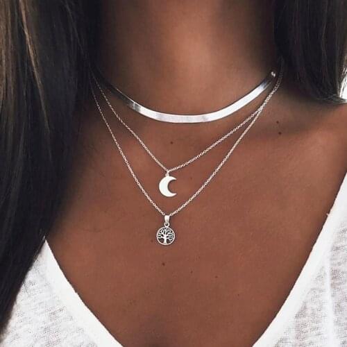Bohemian Blade chain Moon Tree Pendant Necklace Women Vintage Multilayer Chains Geometric Clavicle Necklace Jewelry YN1167