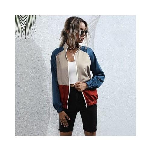 Spring And Autumn New Womens Color Matching Cardigan Coat Fashion Relaxed Casual Lapel Zipper Lady Long Sleeve Coat