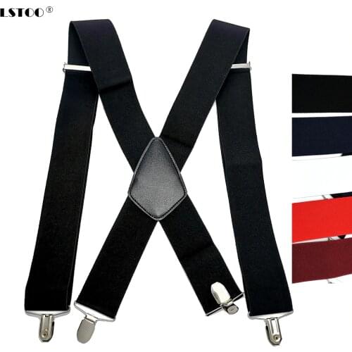 50mm Wide Elastic Adjustable Men Suspenders X Back Suspender Leather Cross 4 Strong Protect Clips Hold Up Pants Worker Braces