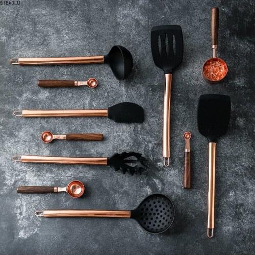 Silicone Cooking Utensils Set Non-stick Spatula Shovel Wooden Handle Cooking Tools Set With Storage Box Kitchen Tools