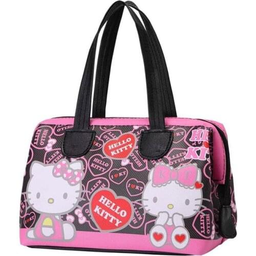 Cute Hello Kitty pink girly leather waterproof lunch bag PU student portable lunch box bag handbag small bag storage bag