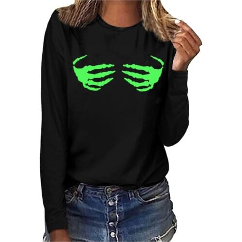 Horror Luminous Woman T-shirts Halloween Night Fluorescent Green Long Sleeve Ladies O-Neck Funny Graphic Print T shirt Tops G4