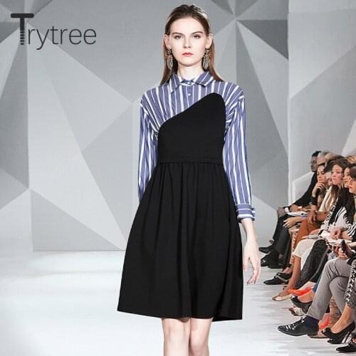 Trytree 2020 Autumn Winter Women Sweater Casual Dress Turn-down Collar Patchwork stripe Fashion Elegant A-line Mini Shirt Dress