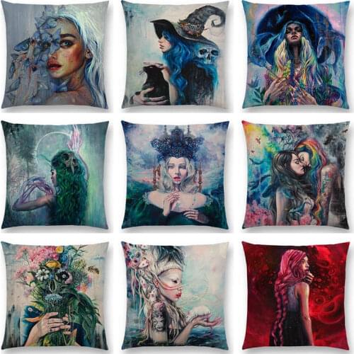 Gorgeous Oil Painting Miracle Girl Wonder Beauty Magic Witch Beautiful Queen Narwhal Cat Swan Cushion Cover Sofa Pillow Case