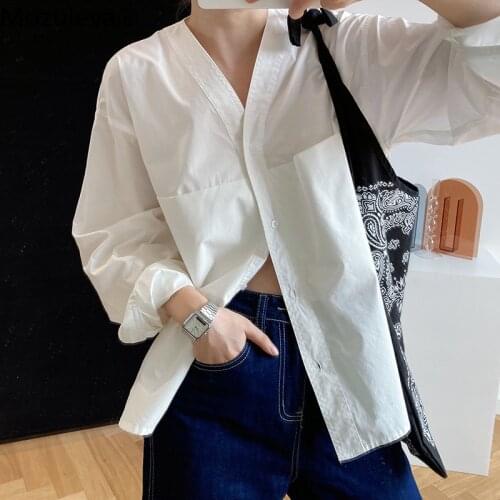 Mozuleva Basic White Shirts for Women Spring Summer Turn-down Collar Double Pockets Office Ladies Blouse Female Tops Blusas 2021