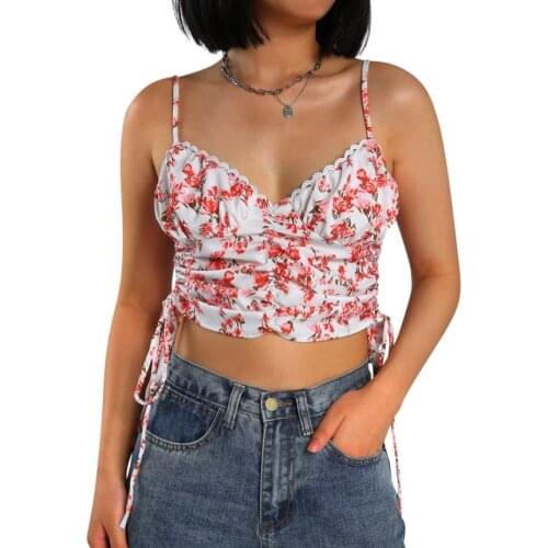 Ladies Summer Sexy Midriff-baring Camisole Girls Floral Printing Drawstring Ruched Decoration Sleeveless Top Slim Base Shirt