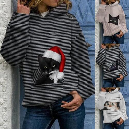 Female Hooded Coat Print Loose Hoodies Sweatshirt Casual Women Autumn Winter Long Sleeve Stripes Cats Print Sweatshirt Hoodie