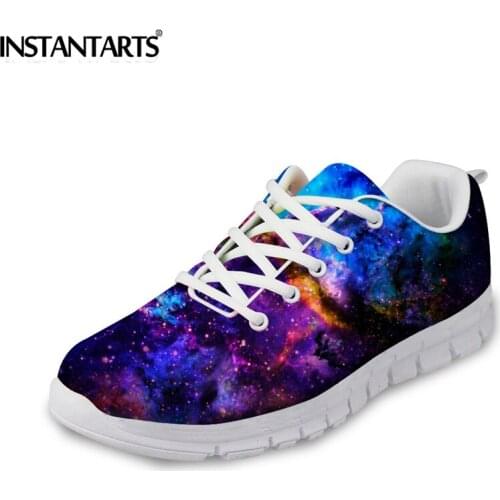 INSTANTARTS Womens Fashion Sneakers Air Mesh Ladies Flats Shoes Galaxy Star Printing Casual Student Plus Size Breathable Shoes