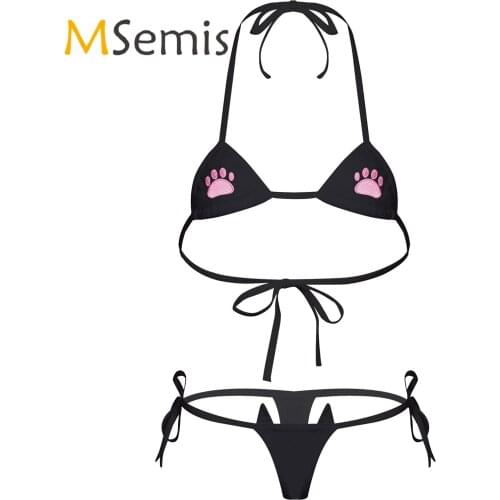 Womens Sexy Mini Bikini Set Paw Embroidered Erotic Lingerie Suit Halter Neck Lace-up Bra with Swimming G-string Briefs Swimsuit