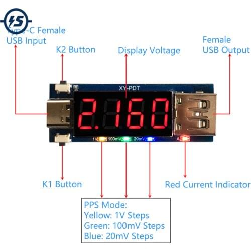 Female USB Charging Trigger LED Display Voltmeter Ammeter 5V/9V/12V/15V/20V/PPS PD2.0 PD3.0 Type-C USB Decoy Device for Charger