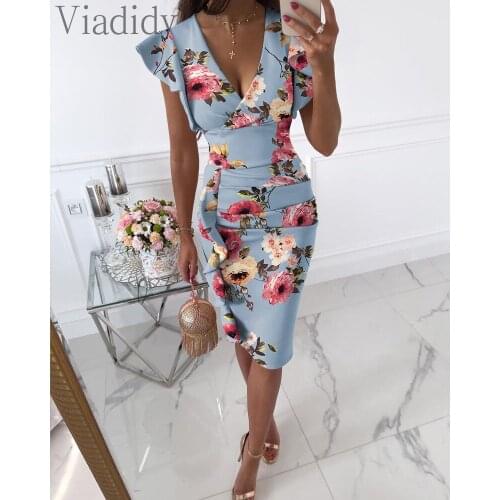 Women Elegant Floral Print Deep V-neck Bodycon Ruffles Design Straight Dress