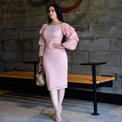 Hot New Long Sleeve Plus Size Pink Evening Dress Short Gowns 2021 Lace Appliques Formal Party Abiye Robe De Soiree Event Dress