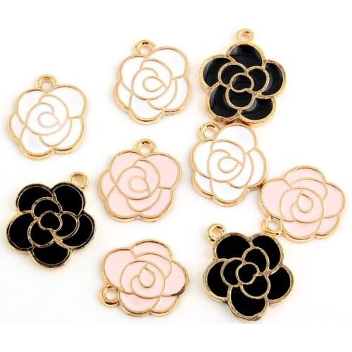10pcs White Pink Black Enamel Rose Charm Pendants Gold Color Alloy beads Jewelry Finding