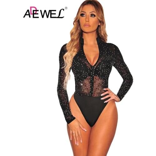 ADEWEL Sexy Black Sheer Silver Rhinestone Studded Mock Neck Zipper Sequins Bodysuit Combinaison Pantalon Femme Women Bodysuit L