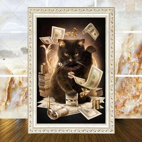New Creative Plutus Cat Diamond Painting Full Drill Cats and Dollars Rhinestone Embroidery Cross Stitch Kit Home Decoration