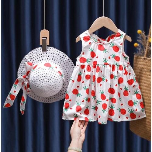 Baby Girl Dress Fruit Print Summer Princess Party Dresses Infant Toddler Clothes Newborn Girls Dress+Hat 2pcs Kids Clothing Sets