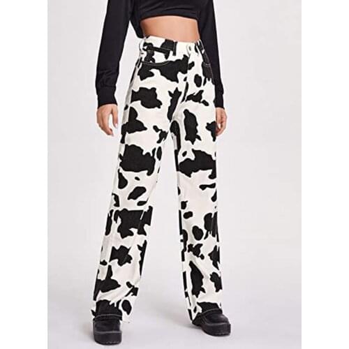 Female Straight Jeans Korean Style Casual Wild Cow Skin Pattern High Waist Trendy Trousers for Daily Streetwear for All Seasons