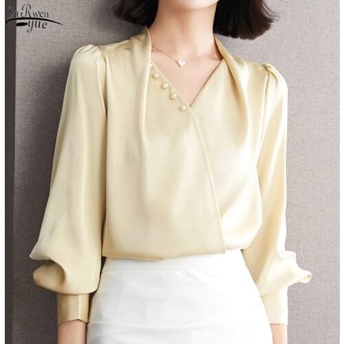 Elegant Fashion Long-sleeve Streamer Top Woman Acetate Solid Shirt Lady 2021 Autumn French Retro Blouse Woman Blusas Mujer 16206