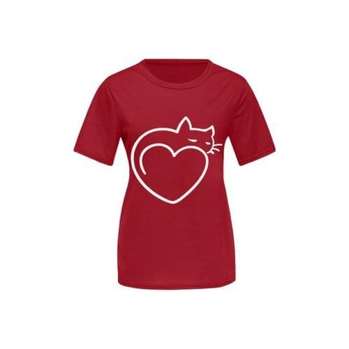 Red Harajuku T-shirts Casual Loose Print Round Neck Pullover Abstract Heart-shaped T-shirt Solid Color Summer Short-sleeved Top