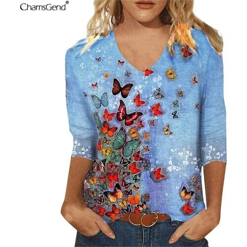 Butterfly Print Long Sleeve T-Shirts Womens Autumn Winter Loose Fashion Casual V-Neck T Shirt Tops For Girls Mujer Camisetas
