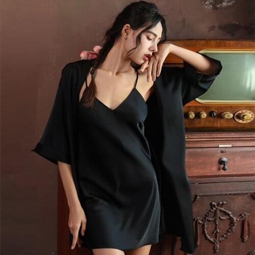 Black Sexy Robe Set Kimono Bathrobe Gown Women Summer Sleepwear Loose Casual Nightwear Backless Nightgown Silk Satin Home Dress
